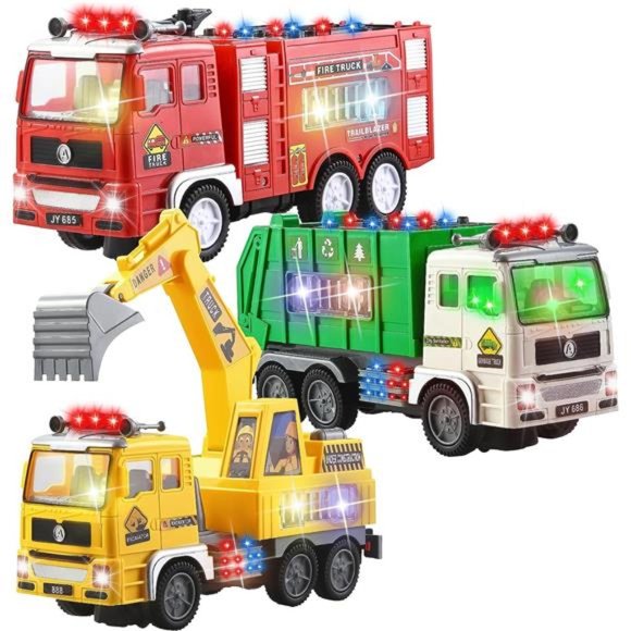 3-in-1Toy Trucks,Automatic Bump & Go Fire Truck Toy,Garbage Truck,Play Excavator - Picture 1 of 7